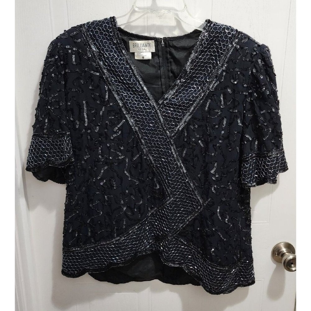 Brilliant by JA Women’s Short Sleeve Blouse Top Beaded Sequin Black Plus Size 1X